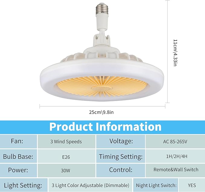 Modern Dimmable Ceiling Fan with Lights & Remote – 3 Speeds, 3 Color Modes, E26 Socket